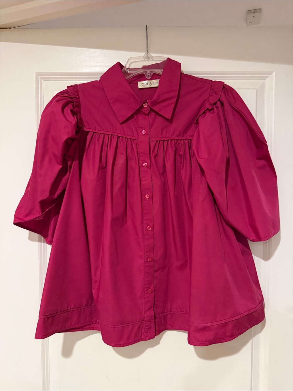 Fuchsia Puff-Sleeve Button-Down Blouse